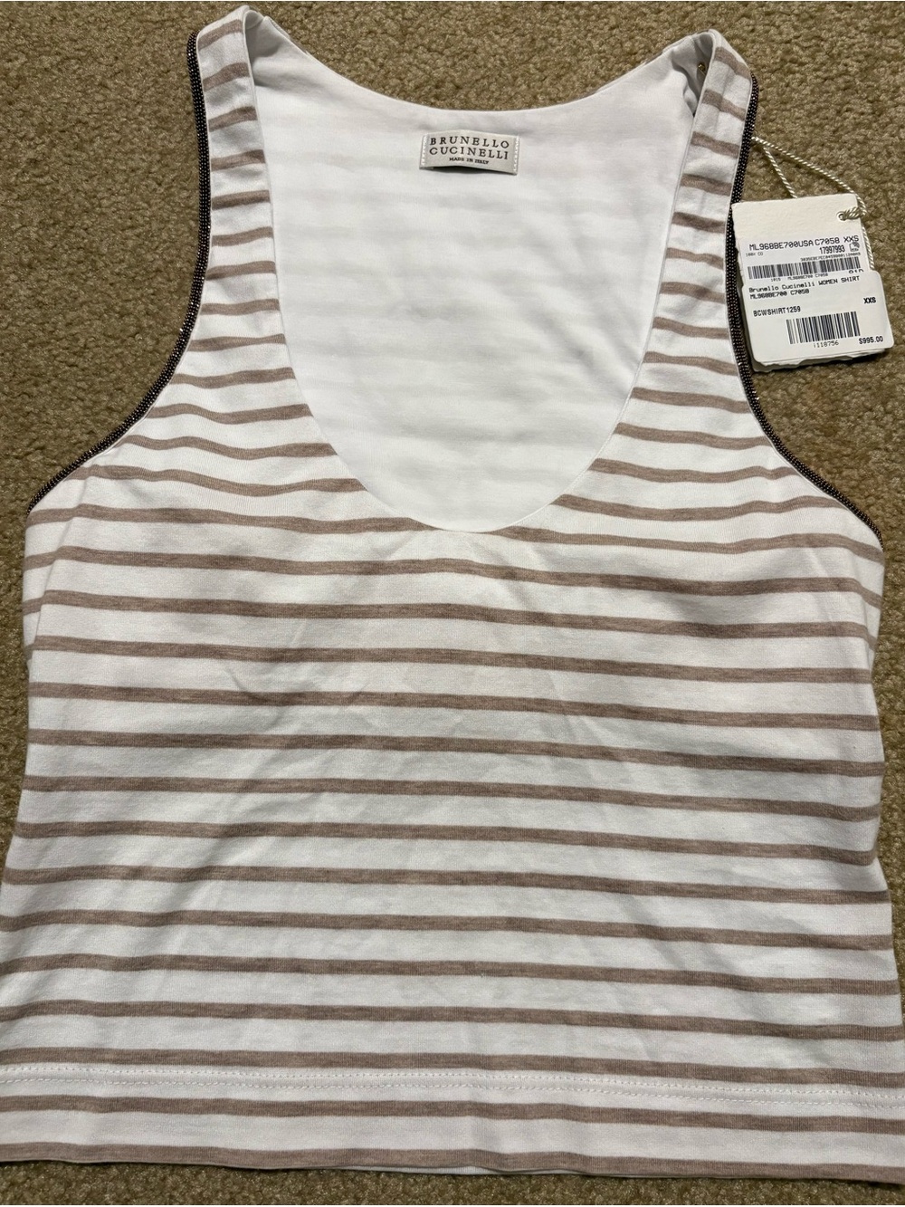 Brunello Cucinelli Cream & Taupe Striped Cotton Tank with Brunello Monili Trim